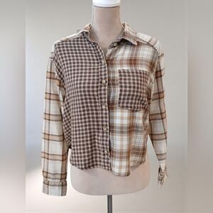 American Eagle Elbow Patch Plaid Patchwork Oversized Button Down XS Cropped